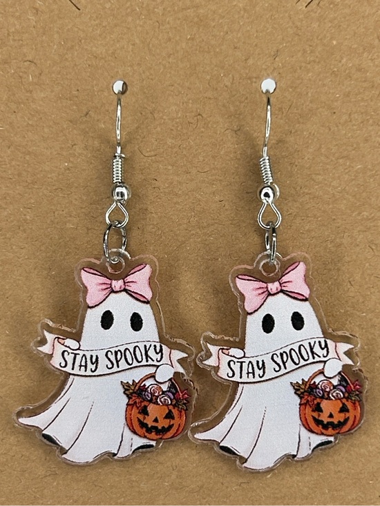 Fashion Jewelry Jewelry - Stay Spooky Ghost Halloween Earrings with Pink Bows Fashion Jewelry
